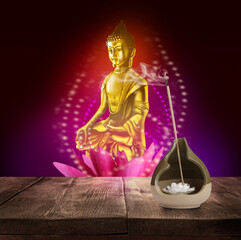 Smoldering incense stick on wooden table and Buddha figure on background. Space for text