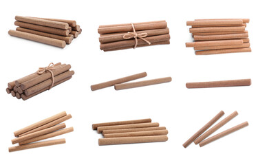 Set with aromatic incense sticks on white background