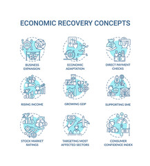 Economic recovery concept icons set. Business cycle after recession idea thin line RGB color illustrations. Purchasing manager index. Vector isolated outline drawings. Editable stroke