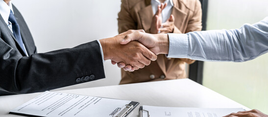 Greeting new colleagues, Handshake while job interviewing, male candidate shaking hands with...