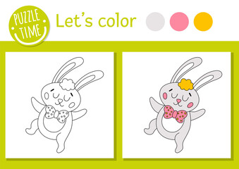 Easter coloring page for children. Funny bunny with bow. Vector holiday outline illustration with cute traditional animal. Adorable spring color book for kids with colored example.