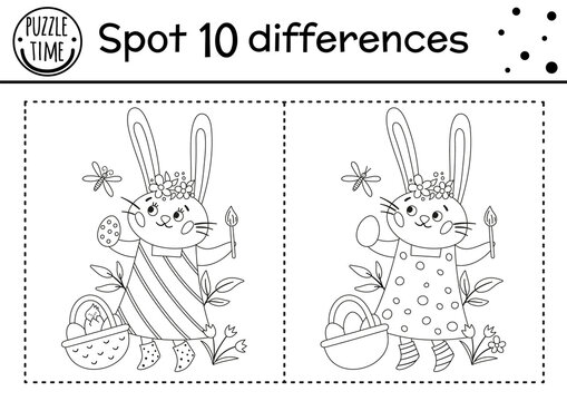Easter find differences game for children. Holiday black and white educational activity and coloring page with funny bunny coloring egg. Spring seasonal printable worksheet with cute character. .