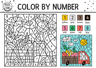 Vector Easter color by number activity with car driving eggs and carrots. Spring holiday coloring and counting game with cute bird. Funny coloration page for kids with traditional symbols. .