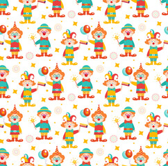 Obraz na płótnie Canvas Happy purim seamless pattern with clowns. Circus, carnival endless texture, background. Vector illustration