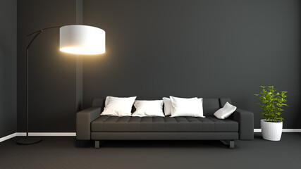 Braunes Sofa mit Kissen vor dunkler leerer Wand