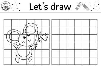 Complete the mouse picture. Vector Easter drawing practice worksheet. Spring printable black and white activity for pre-school children. Copy the picture animal themed game for kids.