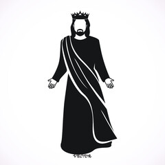 Majestic king in  crown standing, fairytale or medieval character, black vector Illustration