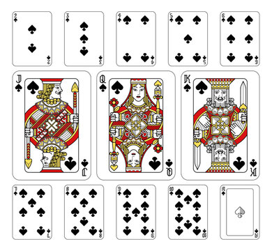Playing cards spades set in red, yellow and black from a new modern original complete full deck design. Standard poker size.