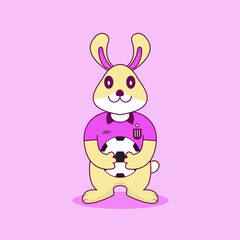 Cute happy adorable funny rabbit plays football with pink t shirt