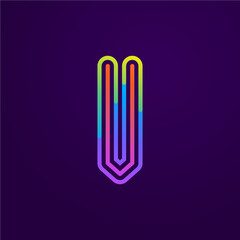Neon light V letter line logo.