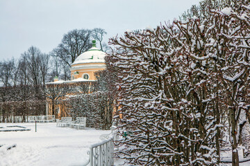 Winter alley in Catherine Park overlooking the Lower Bath pavilion. Tsarskoe Selo. Pushkin. St....