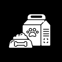 Pet care supplies dark mode glyph icon. Animal food, veterinary products. E commerce department. Online store category. White silhouette symbol on black space. Vector isolated illustration