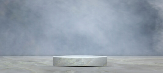 Empty product stage on white marble and studio room with smoke float up interior texture for...