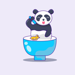 An illustration of cute big panda with adorable face smile vector take a bath in a bowl, 