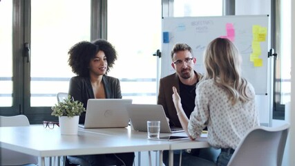 Video of casual multiage business people working with laptops while talking of they new project together in the office.