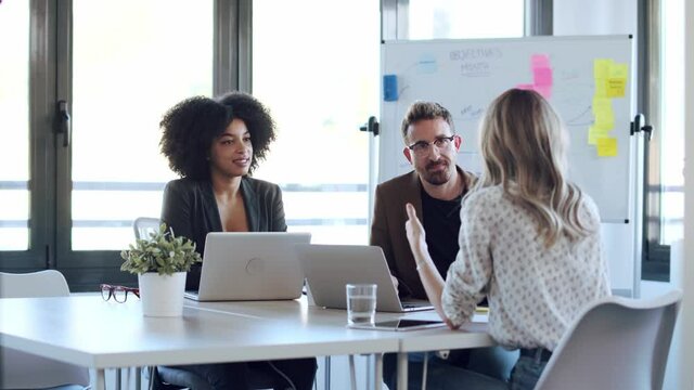 Video of casual multiage business people working with laptops while talking of they new project together in the office.