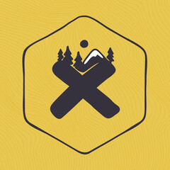 X letter logo with mountains peaks and trees on a landscape line pattern. © kaer_fstock