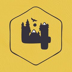 Number four logo with mountains peaks and trees on a landscape line pattern.