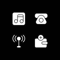 Mobile interface white glyph icons set for dark mode. Phone book. Mobile networks. Songs, podcasts. Smartphone UI button. Silhouette symbols on black background. Vector isolated illustration bundle