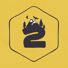 Number two logo with mountains peaks and trees on a landscape line pattern.