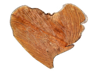 Wood heart isolated on white background. Timber wood piece in heart shape - love in nature concept. Wooden stump desk. Tree slice slice of a tree in heart form. Brown wood board as signboard top view.
