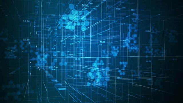 Digital network technology futuristic theme animation concept. Abstract hexagon grid perspective motion graphic seamless looping background.