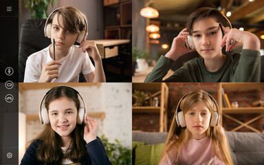 Modern. Group of kids, class studying by group video call, use video conference with each other. PC...