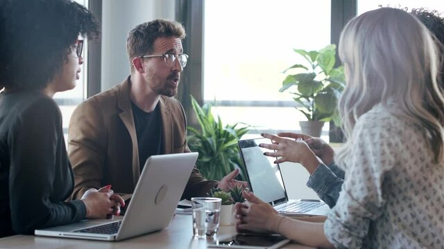 Video of casual multiage business people working with laptops while talking of they new project together in the office.