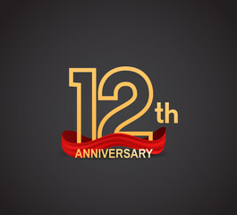 12 anniversary logotype design with line golden color and red ribbon isolated on dark background can be use for celebration, greeting card and special moment event