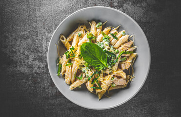 Penne pasta with chicken meat, cream sauce and cheese in a bowl on Dark grey black slate background