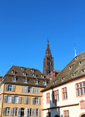 Fototapeta na wymiar Strasbourg Cathedral above old town houses - Europe - France - Alsace