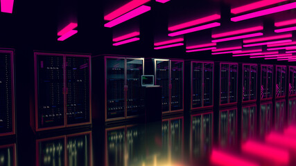 Server room data center. Rackmount LED console. Backup, mining, hosting, mainframe, farm and computer rack with storage information. 3d render