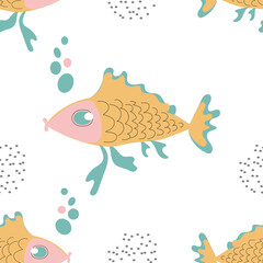 Modern seamless and stylish fish patterns in three colors isolated on white. For printing on textiles, fabrics, paper, decorative pillows, pajamas. 