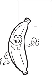 Black and white illustration of a smiling banana holding a sign.