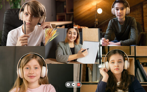 Group of kids, class studying by group video call, use video conference with each other and teacher. PC screen view with application ad. Easy, comfortable usage concept, education, online, childhood.