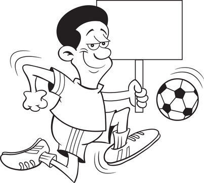 Black and white illustration of an African American kicking a soccer ball while holding a sign.