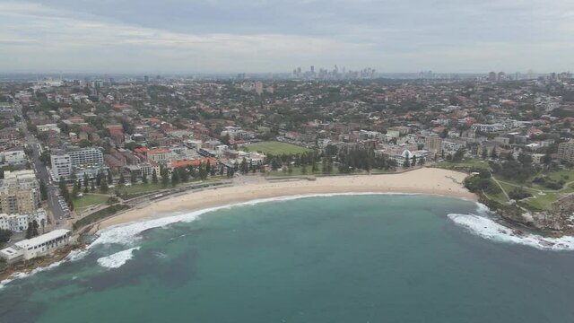 Bird's Eye View Of Coogee Beach, Goldstein Reserve Park, And Coogee Oval By Thompsons Bay - CBD Of Sydney From Coogee Suburb, NSW, Australia. - aerial