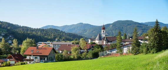 Fototapeta na wymiar tourist resort Achenkirch, tirolean landscape and mountains