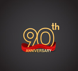 90 anniversary logotype design with line golden color and red ribbon isolated on dark background can be use for celebration, greeting card and special moment event