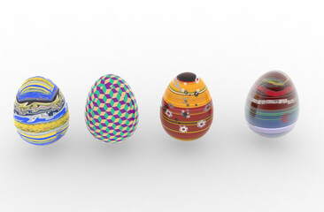 Colorful Easter eggs in 3D realistic, shiny, golden,  Easter eggs on white background