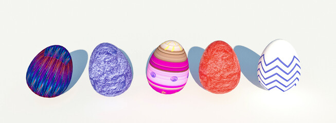 Colorful Easter eggs in 3D realistic, shiny, golden,  Easter eggs on white background