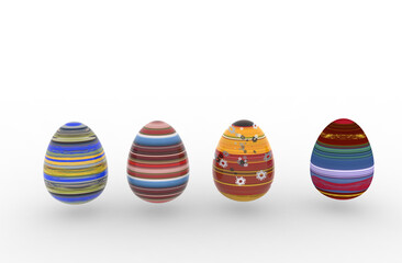 Colorful Easter eggs in 3D realistic, shiny, golden,  Easter eggs on white background