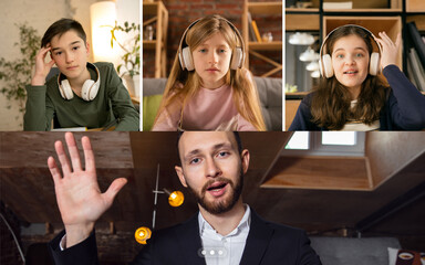 Group of kids, class studying by group video call, use video conference with each other and teacher. PC screen view with application ad. Easy, comfortable usage concept, education, online, childhood.