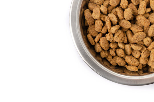 dry pet food in iron bowl isolated on white background