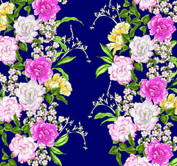 floral pattern with roses, flowers and leaves in side borders, design for textiles and decoration with vintage floral style