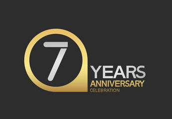 7 years anniversary celebration simple design with golden circle and silver color combination can be use for greeting card, invitation and special celebration event