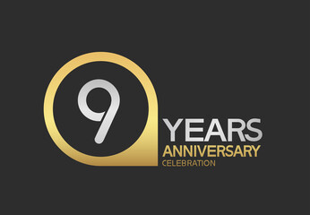 9 years anniversary celebration simple design with golden circle and silver color combination can be use for greeting card, invitation and special celebration event