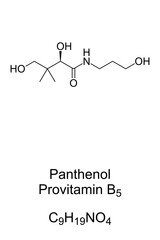Panthenol, provitamin B5, chemical formula, skeletal structure. Also called pantothenol, used as moisturizer and to improve wound healing in pharmaceutical and cosmetic products. Illustration. Vector.