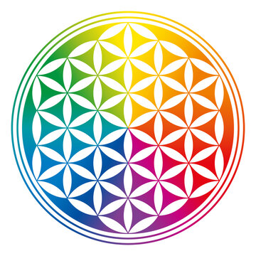 Flower of Life, inverted and rainbow colored. A geometric figure, spiritual symbol and Sacred geometry. Overlapping circles forming a mandala and flower like symmetrical pattern. Illustration. Vector.