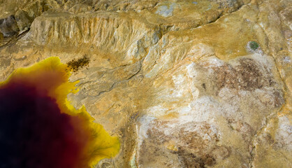 Aerial view of abandoned opencast copper mine in Sia, Cyprus. Unusual colors derives from massive sulfide deposits in the area